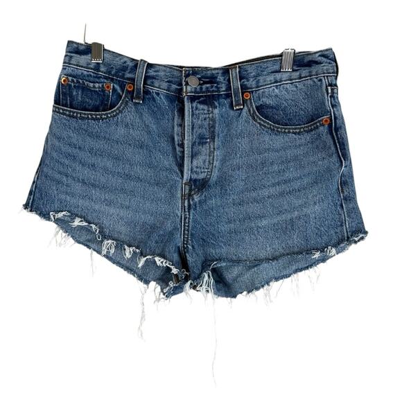 Levi’s 501 Wedgie Shorts Womens 29 High Rise Distressed Frayed Hem Denim Cheeky - Picture 1 of 7